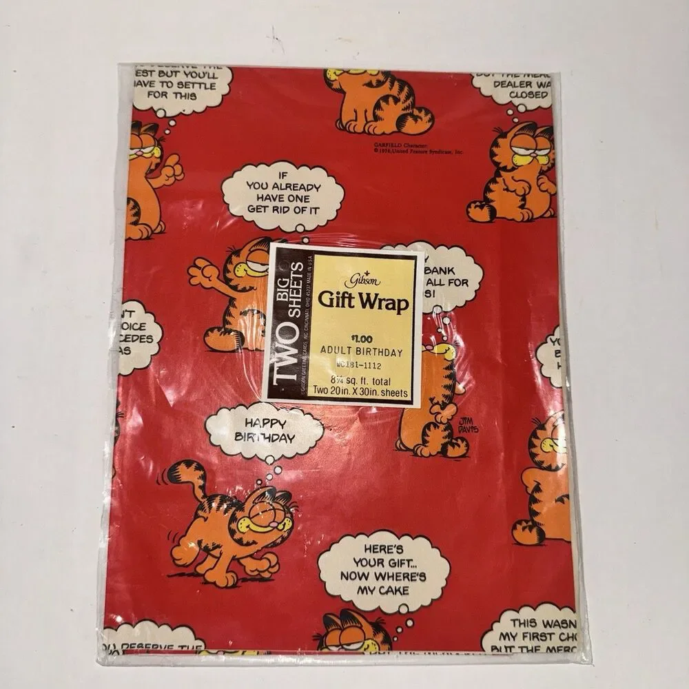Vintage Garfield Birthday Gift Wrap Sealed 1978 Jim Davis Gibson Paper